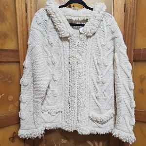 Vintage Cozy Cream Fisherman Handknit Cardigan with Plush Details